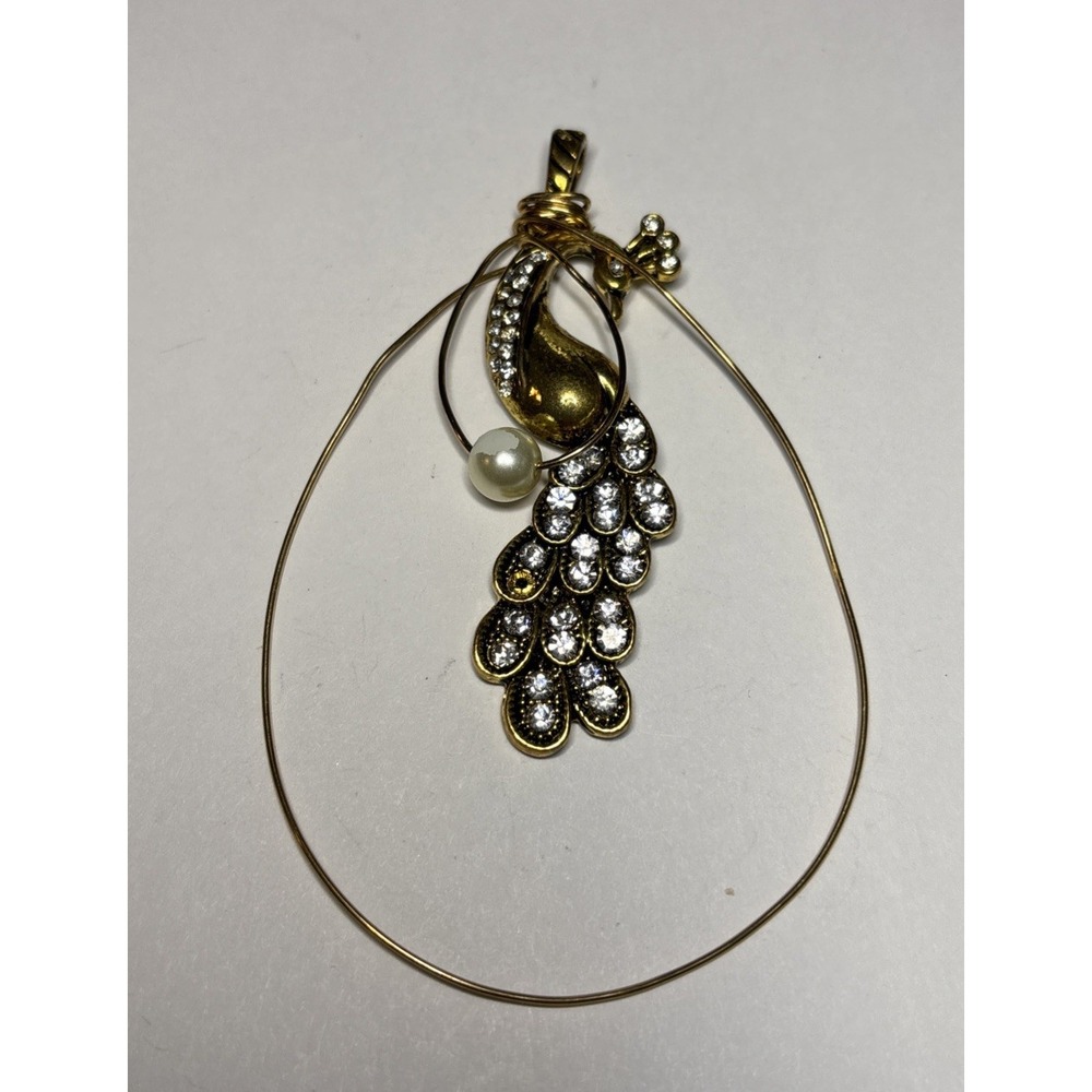 Peacock Rhinestone Pendant Brooch Necklace Gold Tone Faux Pearl Bird Jewelry